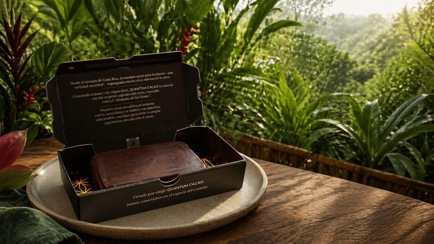 The Quantum Cacao take-home chocolate tasting box on a table in the jungle